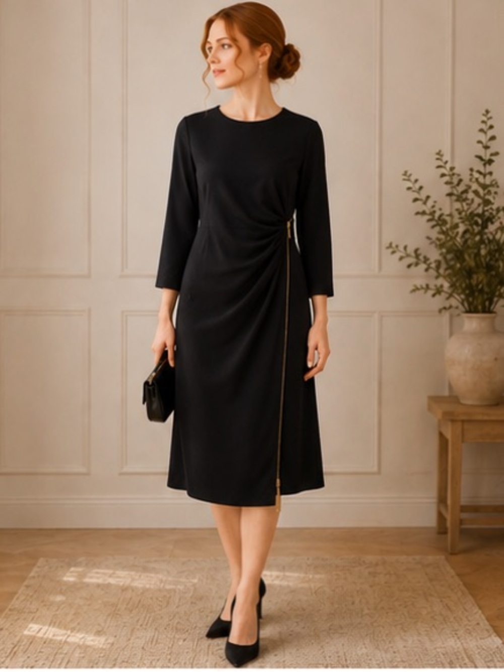 Calvin Klein Elegant Black Zip-Detailed Women’s Dress